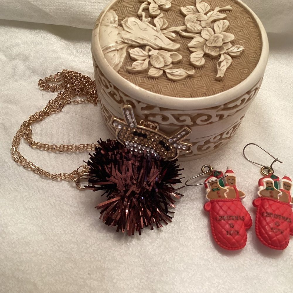 Reindeer Necklace and Gingerbread in a Mitten Earrings